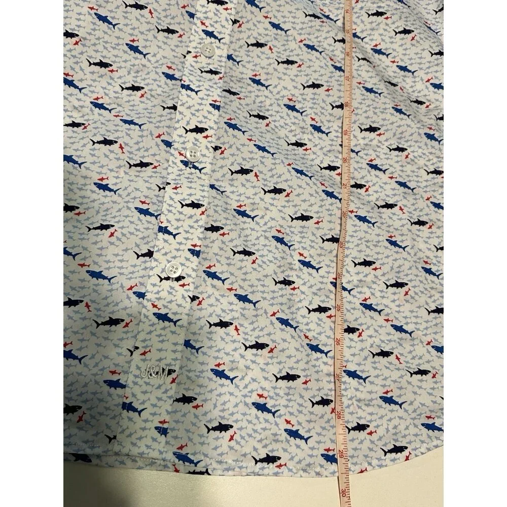 Johnston Murphy Men’s Large Shirt White Blue Geometric Shark Print Short Sleeve - Picture 10 of 11